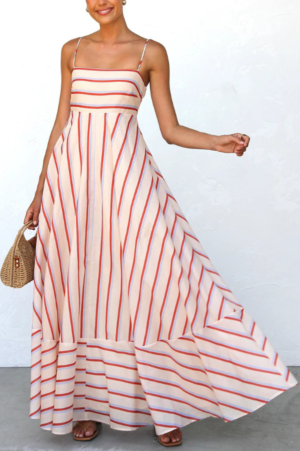 Striped Printed Square Neck Sleeveless Ruched Casual Maxi Dress