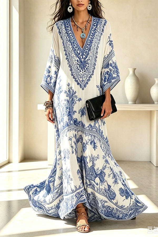 Blue and White Porcelain Print V-Neck Wide Sleeve Cover-up Maxi Dress-Consonak
