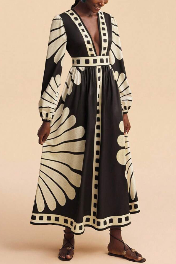 Unique Print V-Neck Long Sleeve Casual Vacation Maxi Dress