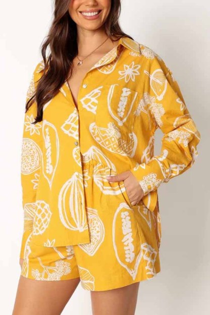 Parkside Pretty Tropical Fruit Print Loose Shirt and Elastic Waist Pocketed Shorts Set-consonak