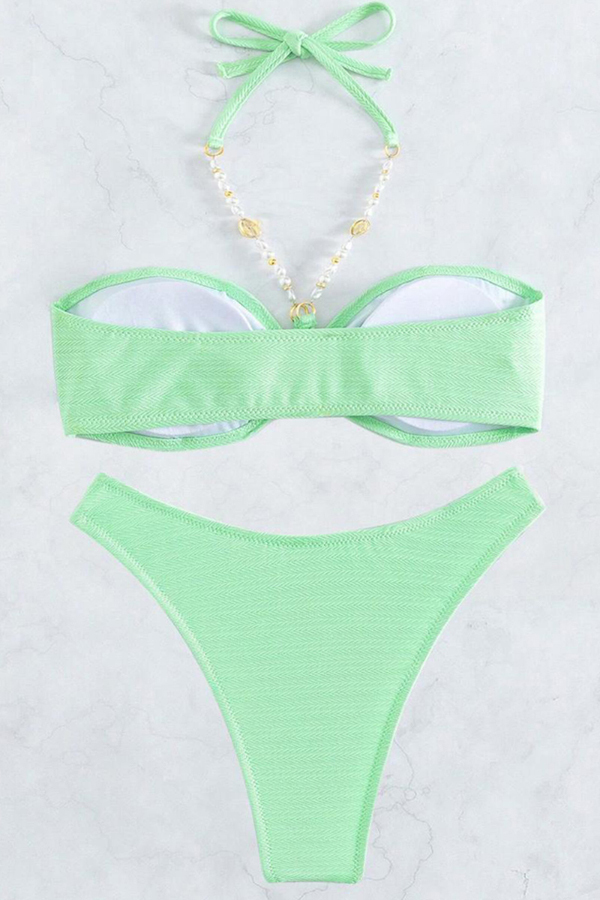 Solid Color Beaded Halter Neck Two-piece Elastic Bikini Swimsuit