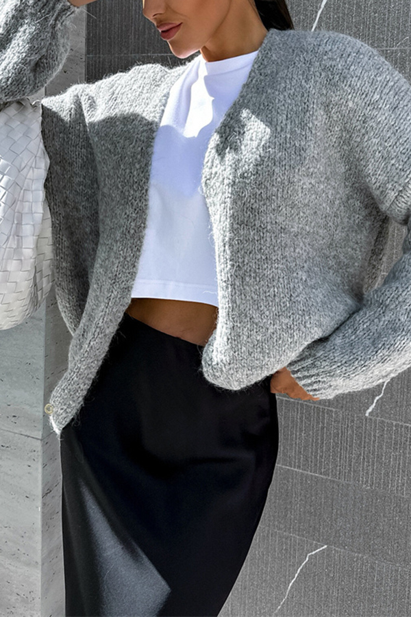 Solid Color Casual Long Sleeve Knitted Cardigan-consonak