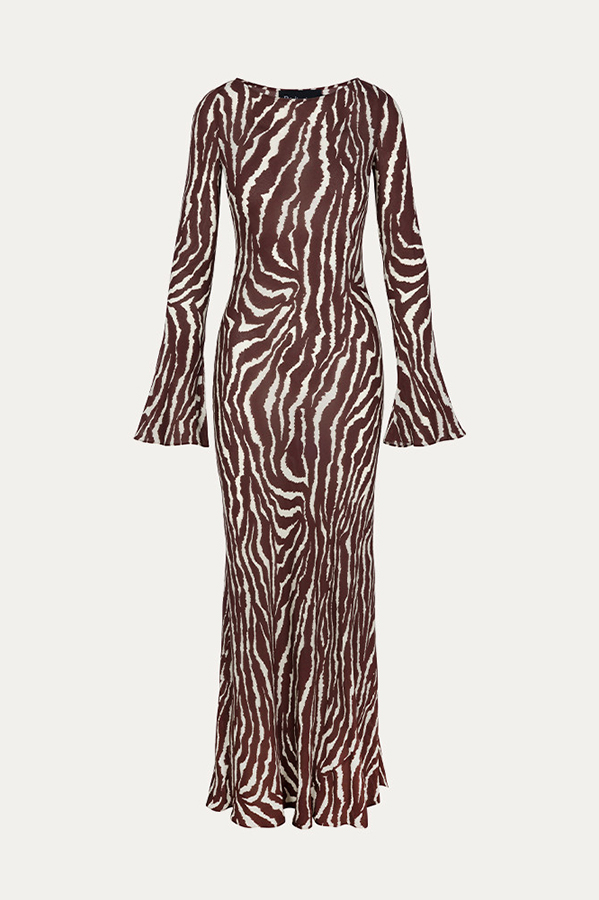 Gia Unique Print Boat Neck Long Bell Sleeve Bias Cut Maxi Dress-consonak