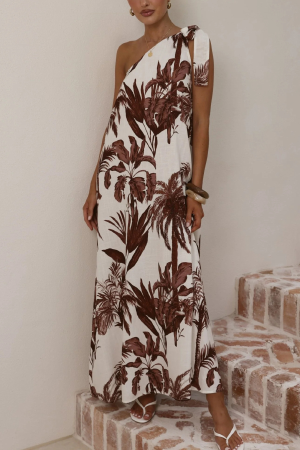 Botanical Print Sleeveless One-shoulder Casual Vacation Maxi Dress-consonak