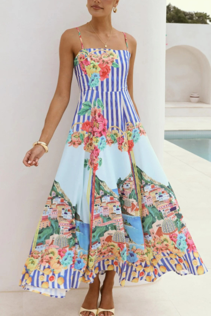 Unique Printed Spaghetti Strap Square Neck Casual Holiday Maxi Dress