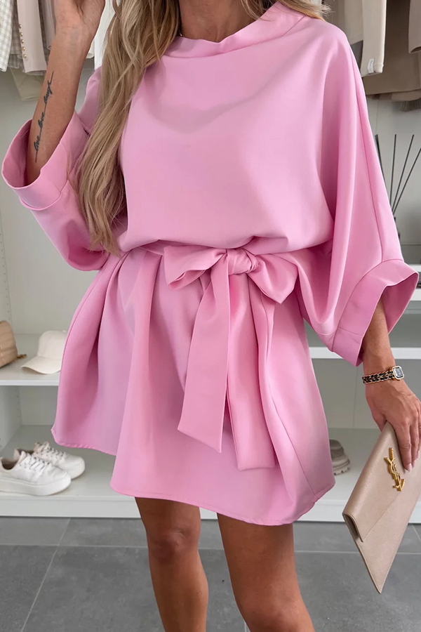 Solid Color Loose Round Neck Belted Mini Dress | Consonak