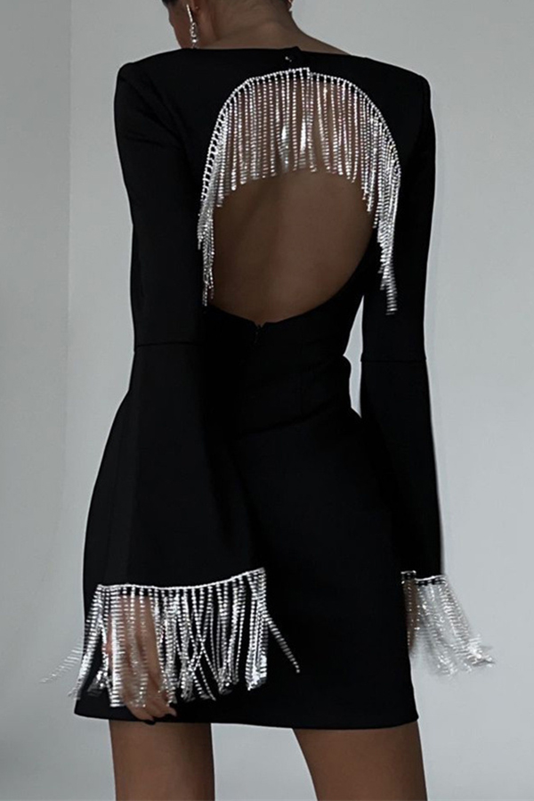 Fashionable Fringed Square Neck Bell Sleeves Hollow Back Mini Dress-consonak