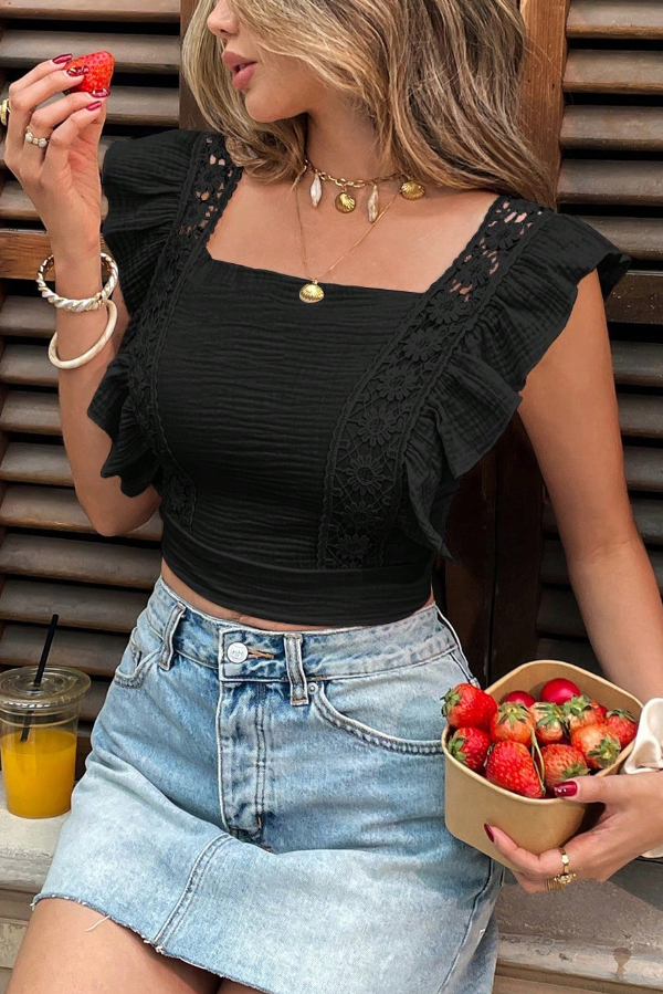 Solid Color Square Neck Lace Trim Slim-fit Cropped Top-consonak