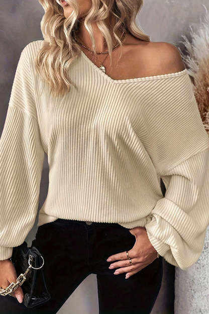 Solid Color Loose V-neck Long-sleeved Elegant Bow Knit Top-consonak