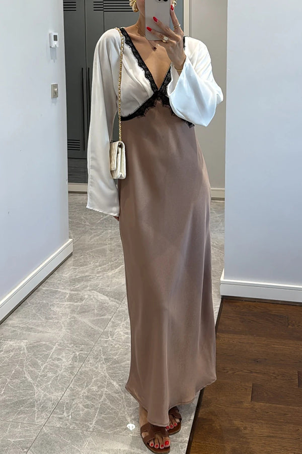 Lainei Contrast Color Satin Lace Trim V-neck Long Sleeve Maxi Dress | Consonak