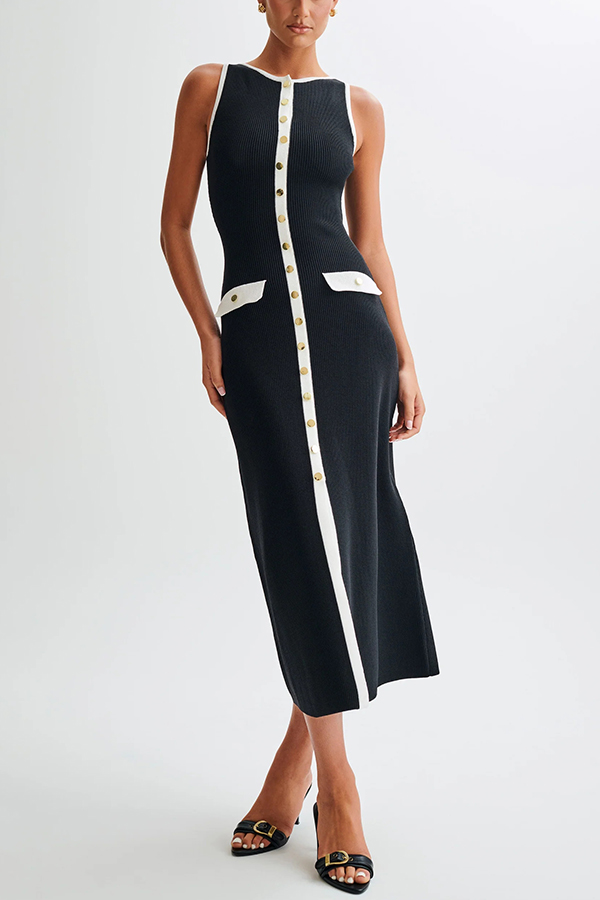 Elegant Slim Fit Crew Neck Buttoned Sleeveless Knit Midi Dress-consonak