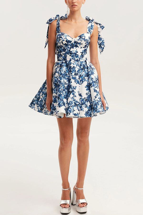 Garden of Eden Floral Print Bow Straps Princess Flared Mini Dress | Consonak