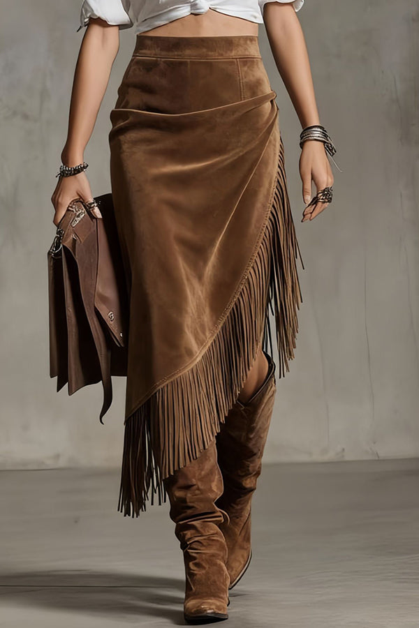 Fashionable Suede Tassel Irregular Casual Midi Skirt-consonak