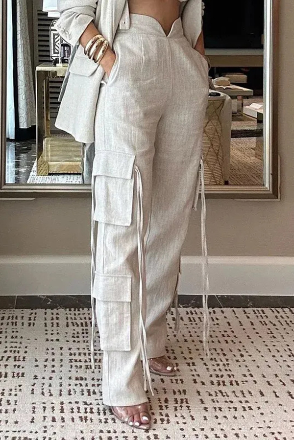 Stylish Lapel Long Sleeve Loose Jacket and Casual Pocket Lace-up Straight Leg Pants Set-consonak