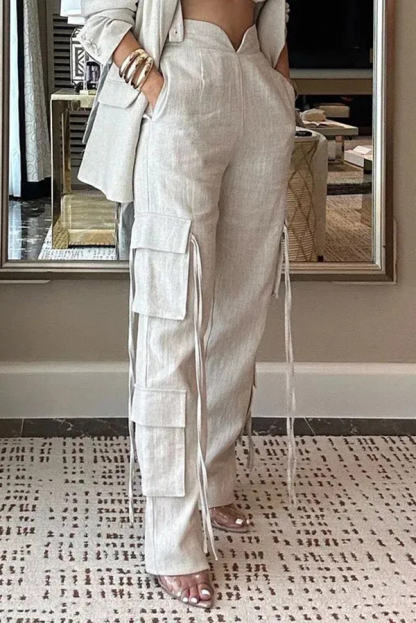 Stylish Lapel Long Sleeve Loose Jacket and Casual Pocket Lace-up Straight Leg Pants Set-consonak