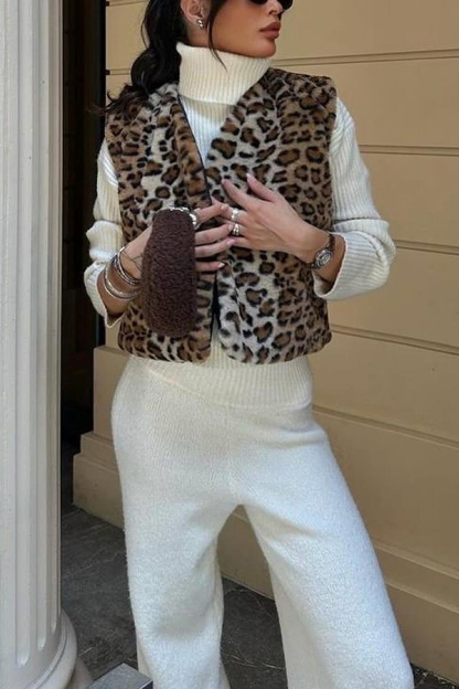 Leopard Print Rabbit Fur Sleeveless V-neck Loose Vest Jacket-consonak