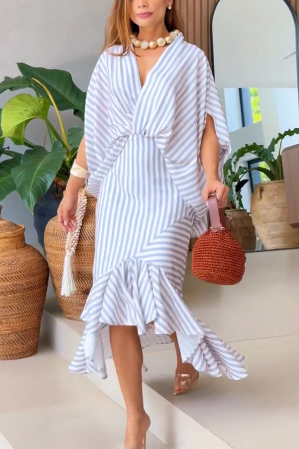 Tierra Striped V-neck Batwing Sleeve Loose Shirt and High Waist Irregular Fishtail Hem Midi Skirt Set