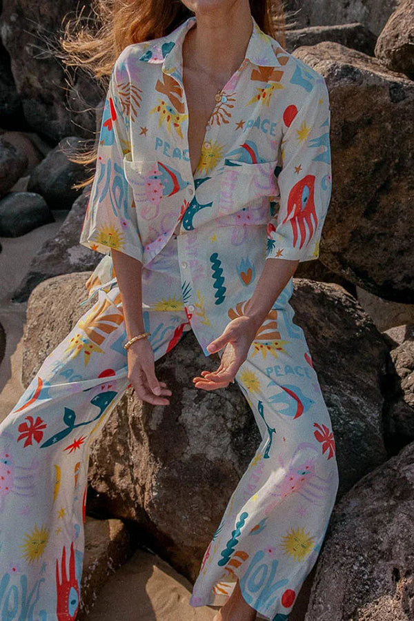 Abstract Sea Creature Print Button Pockets Elastic Waist Pant Suit-consonak