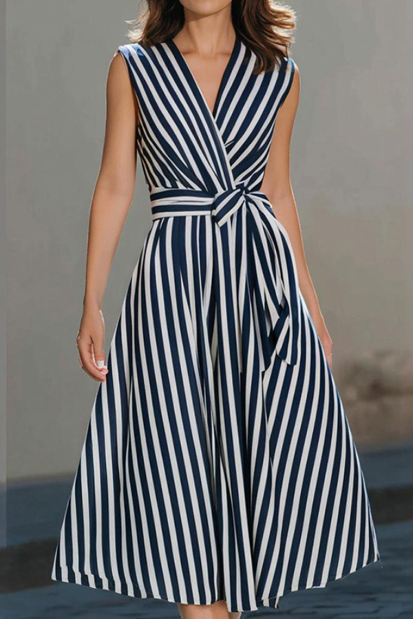 Striped Printed V-neck Sleeveless Belted Casual Midi Dress | Consonak