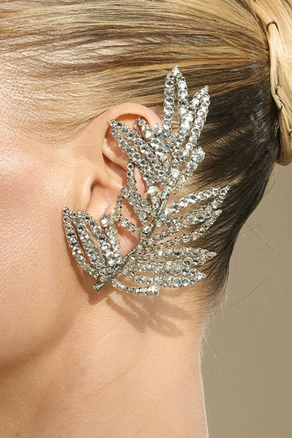 Rhinestone Leaf Ear-Cuff Earrings-Consonak