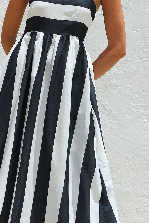 Color-blocked Striped Print Square Neck Suspender Casual Pocket Maxi Dress | Consonak