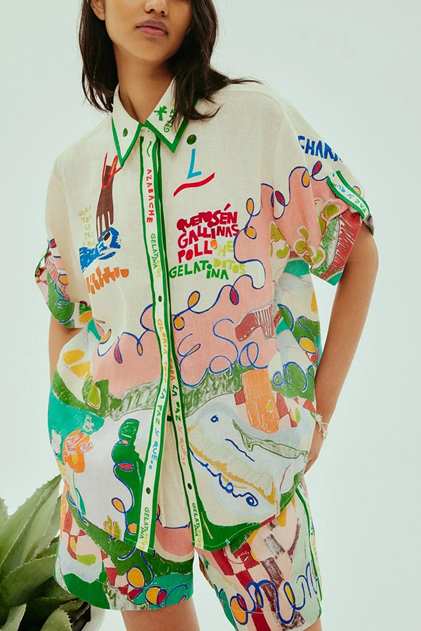 Miena Linen Blend Unique Print Short Sleeve Button Up Oversized Shirt-consonak