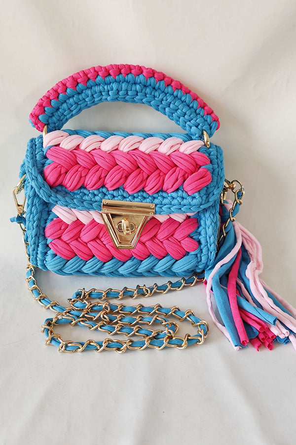 Contrast Color Stitching Braided Chain Tassel Bag-consonak