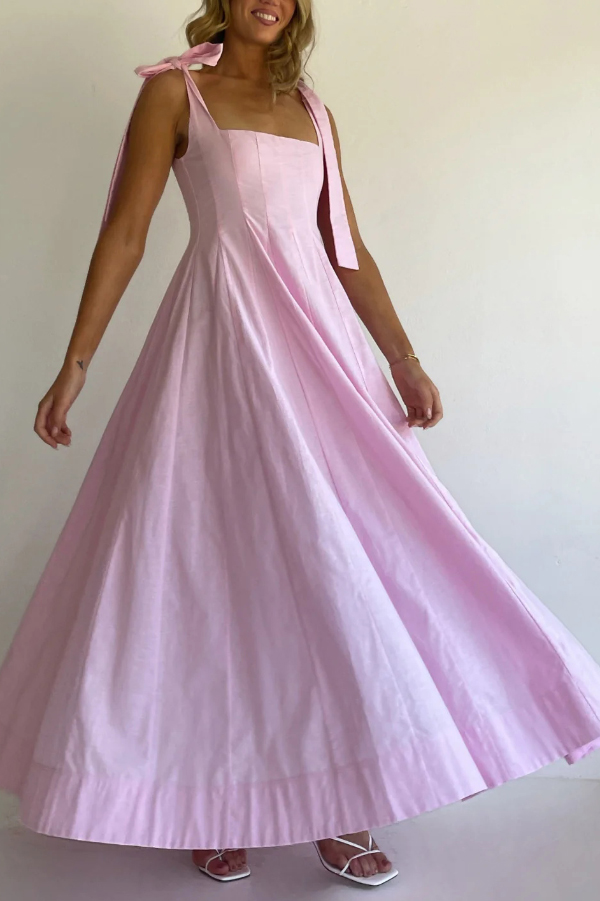 Solid Color Sleeveless Tie-up Suspender Elegant Patchwork Maxi Dress-consonak