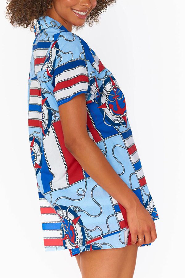 Summer Adventures Unique Print Pocket Loose Shirt and Elastic Waist Shorts PJ / Vacay Set-consonak