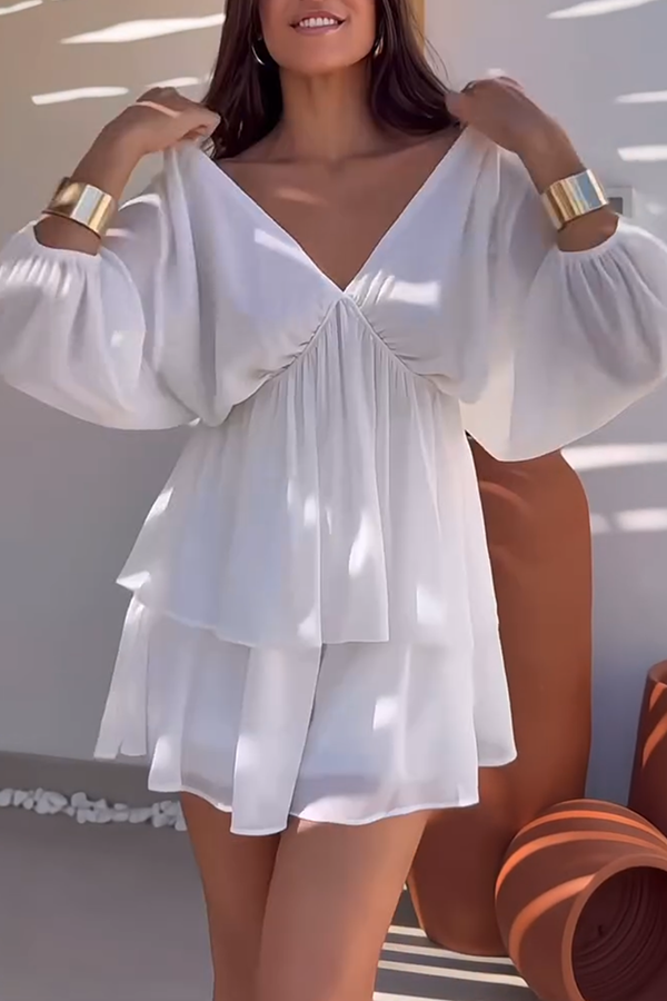 Verne Chiffon Batwing Sleeve Elastic High Waist  Layered Hem Loose Mini Dress