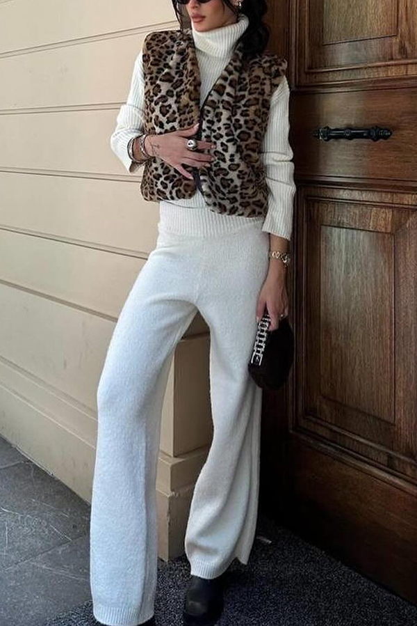 Leopard Print Rabbit Fur Sleeveless V-neck Loose Vest Jacket-consonak