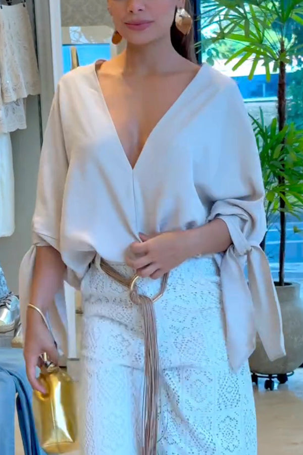 Joyful Bond Linen Blend V-neck Knotted Cuff Half Sleeve Loose Top-consonak