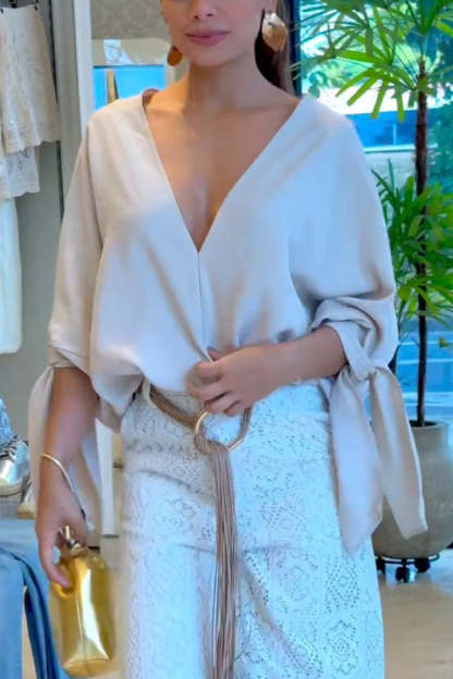 Joyful Bond Linen Blend V-neck Knotted Cuff Half Sleeve Loose Top-consonak