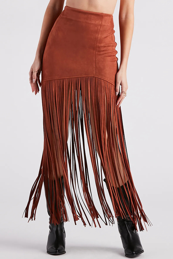 Stylish Tassel Hem Slim-fit Suede Casual Midi Skirt-consonak
