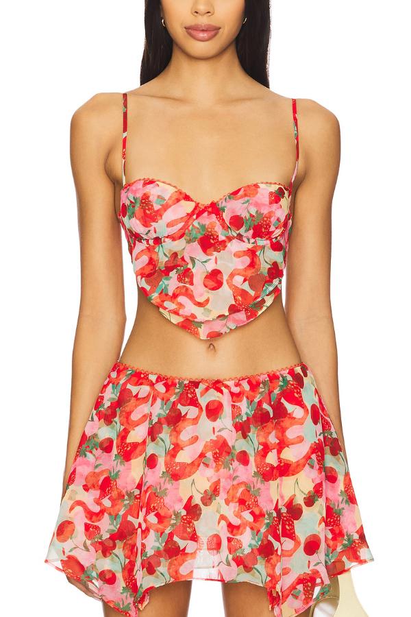 Fruit Print Back Tie Fitted Tank Top