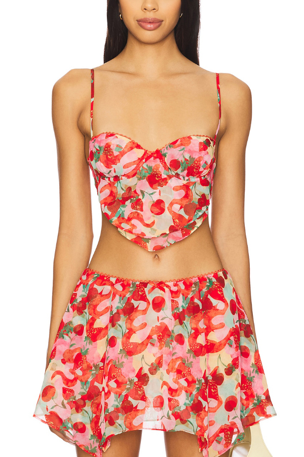 Fruit Print Back Tie Fitted Tank Top