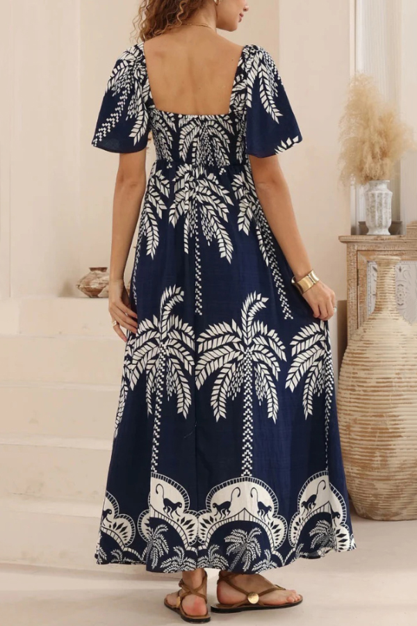 Plant Print Short-sleeved Square Neck Casual Pocket Holiday Midi Dress-consonak