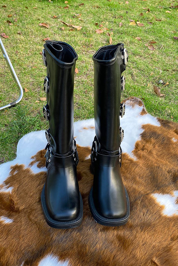 Vintage Belt Buckle Chunky Heeled Long Biker Boots-consonak