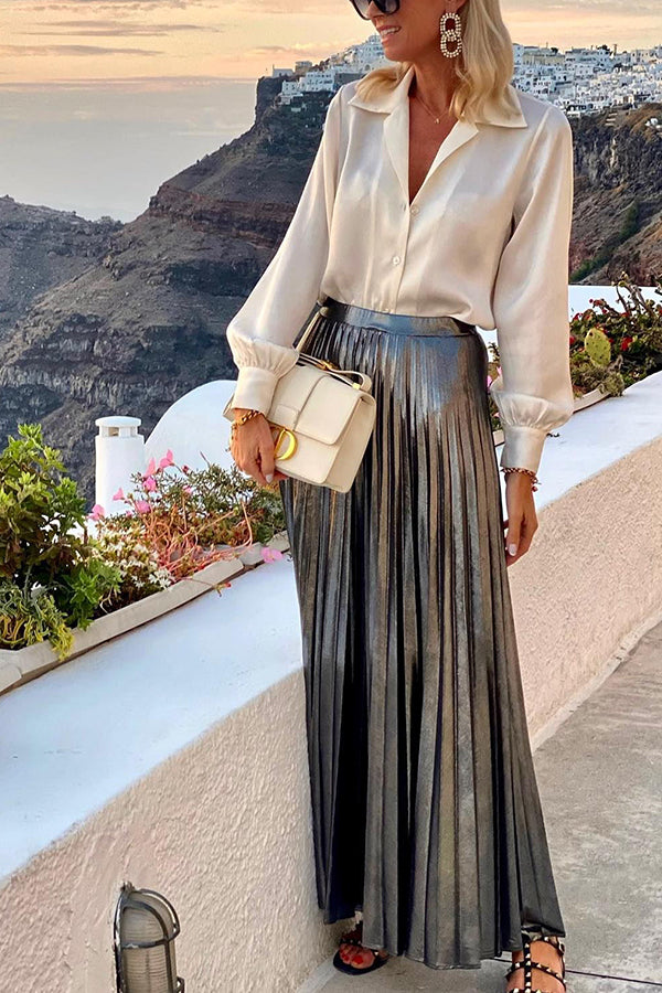 Fashionable Metallic Pleated Back Elastic Waist Maxi Skirt-consonak