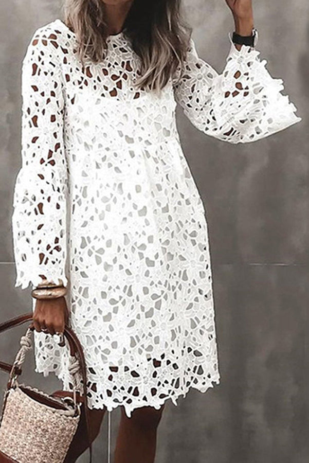 Pretty Presence Floral Crochet Lace Bell Sleeve Mini Dress-consonak