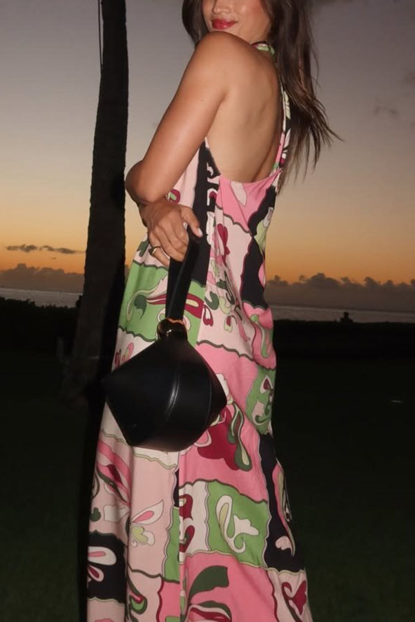 Vacation Night Unique Color-block Print U-shaped Shoulder Strap Maxi Dress