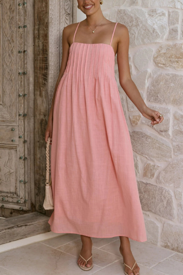 Solid Color Pleated Square Neck Suspender Casual Midi Dress