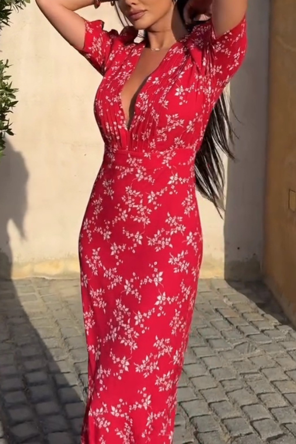 Floral Print V-neck Puff Sleeve High-waisted Slim-fit Maxi Dress
