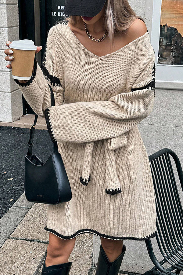 Stylish Loose-fitting Long-sleeved Tie-waist Knit Mini Dress-consonak