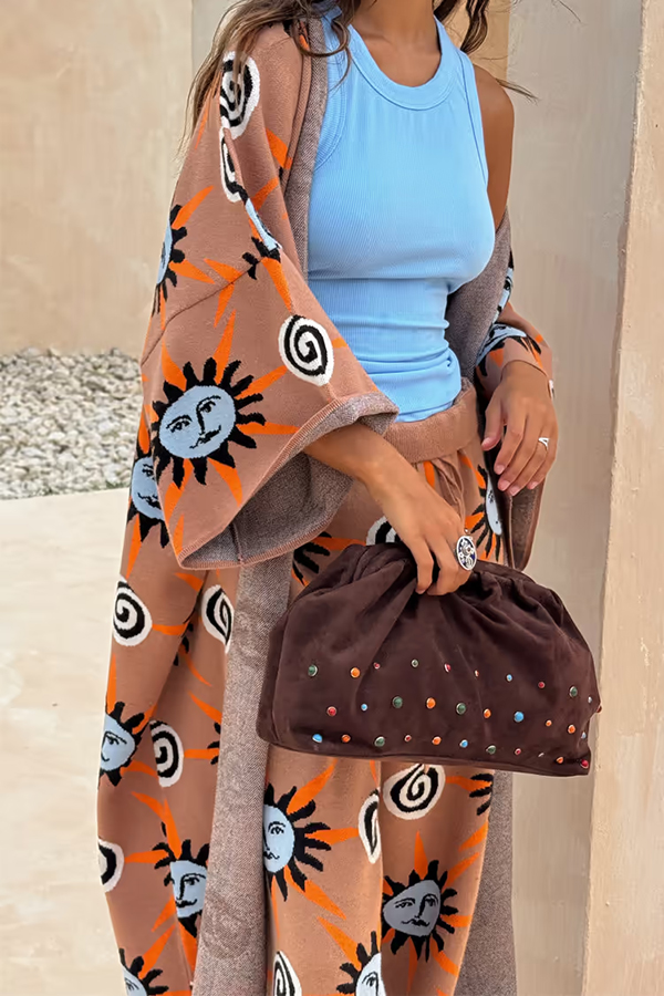 Mediterranean Art Knit Unique Sun Vortex Print Bell Sleeve Long Cardigan-consonak