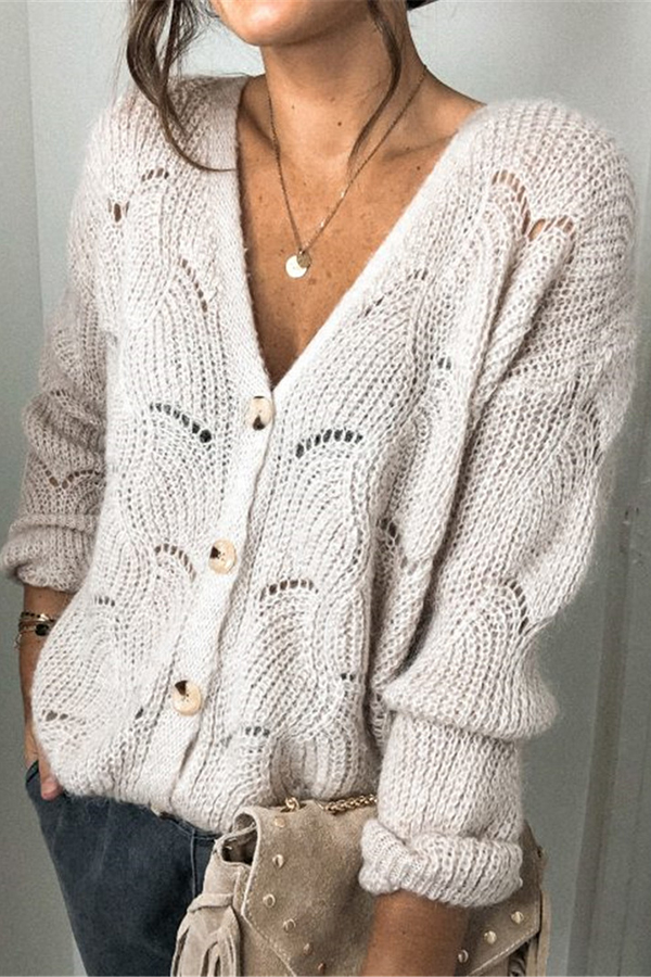 Fashionable V-neck Long-sleeved Knitted Sweater Cardigan-consonak