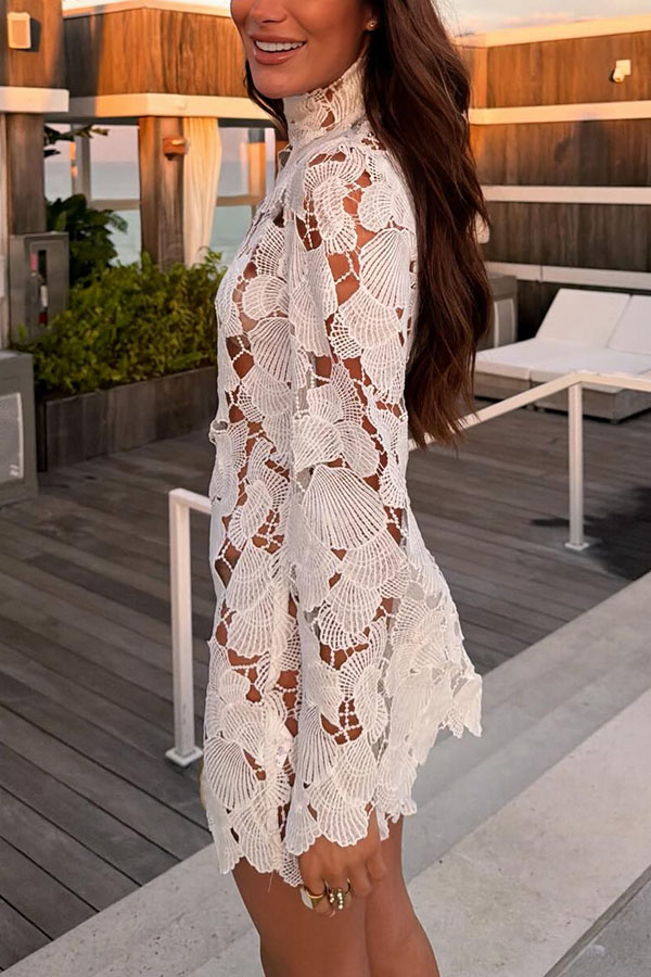 Tropica View Crochet Lace Seashell High Neck Long Bell Sleeve Mini Dress | Consonak