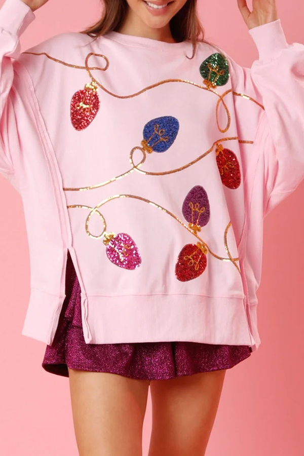 Christmas Lights Sequin Slit Pullover Sweatshirt-consonak
