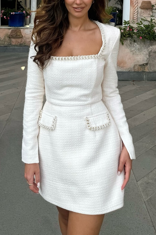 Girly and Glamorous Tweed Fabric Pearl Trim Long Slit Sleeve Pocketed Mini Dress | Consonak