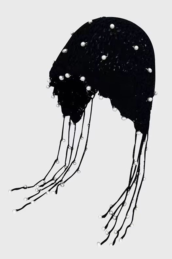 Solid Pearl Embellished Hollow Knit Hat-consonak